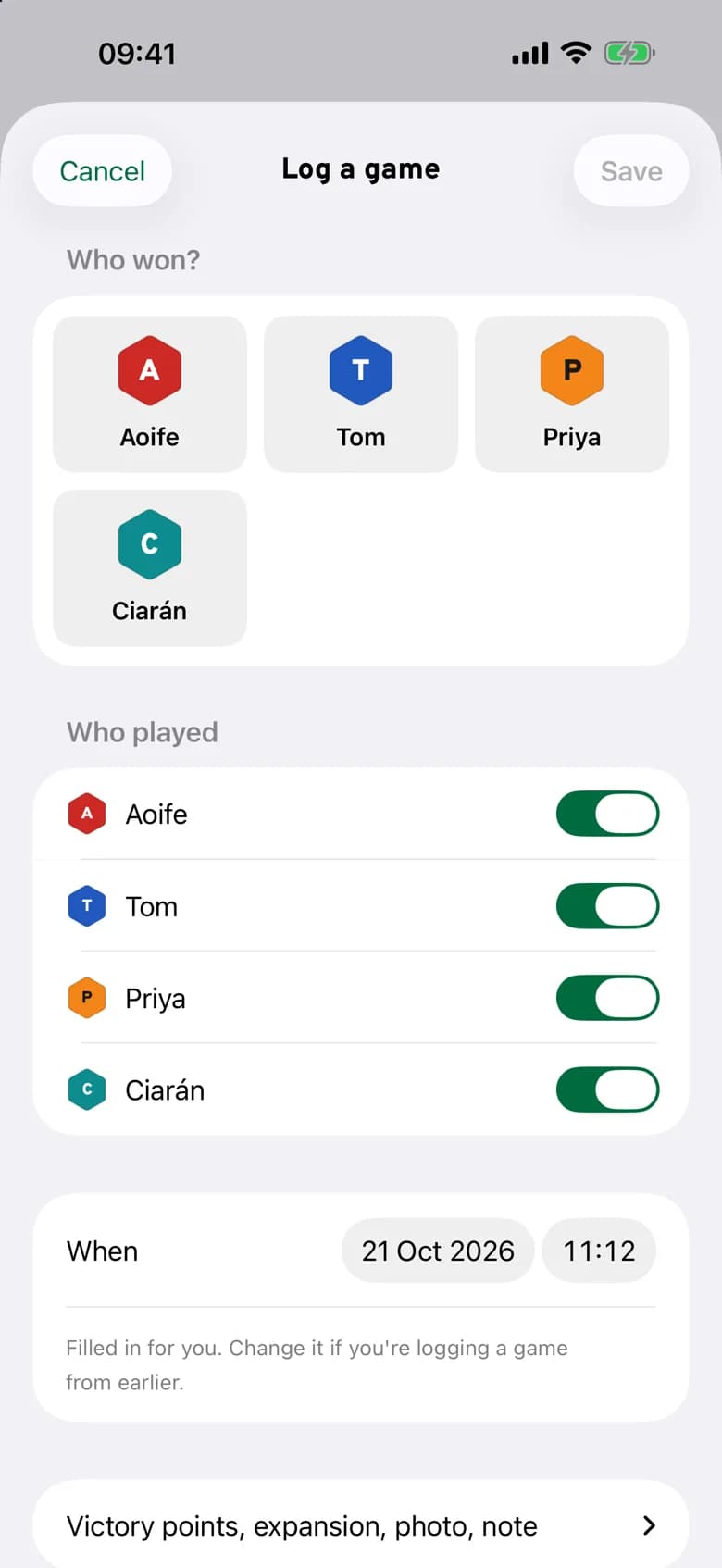 The Log a game screen: pick who won, who played, and the date and time are already filled in