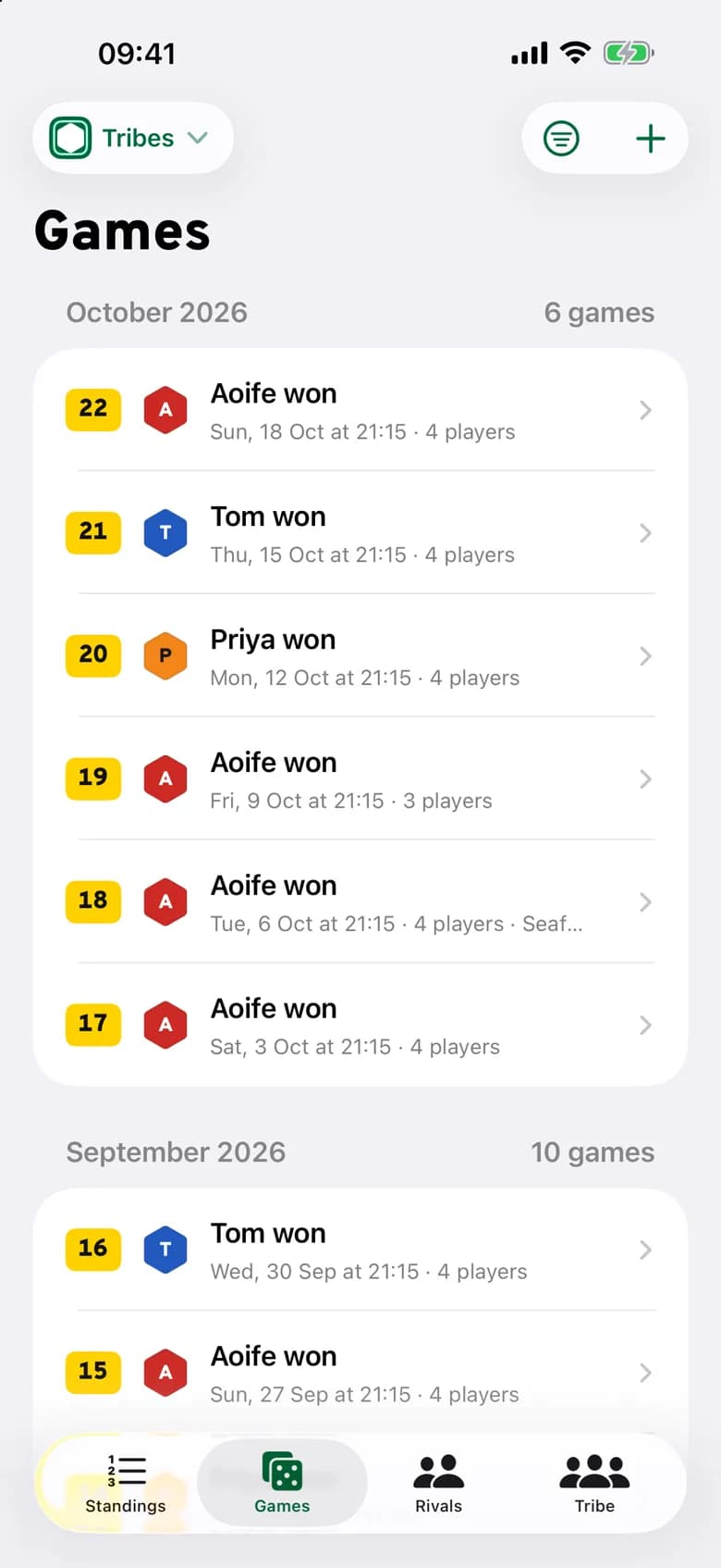 The Games screen: every game numbered, with its winner, date and player count