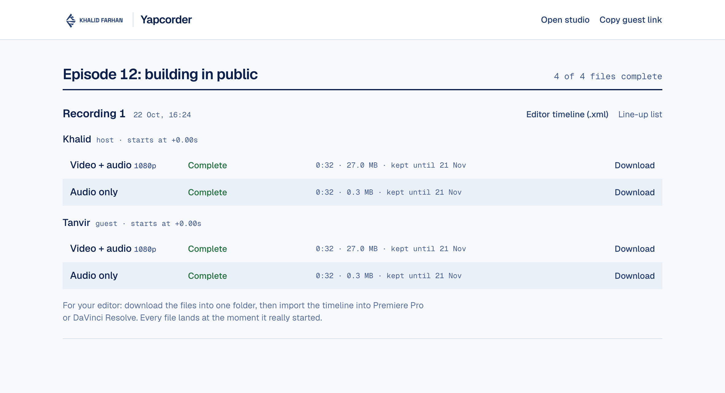 The files page after a recording: a video file and an audio file for each person, all marked Complete, with Download links and an editor timeline.