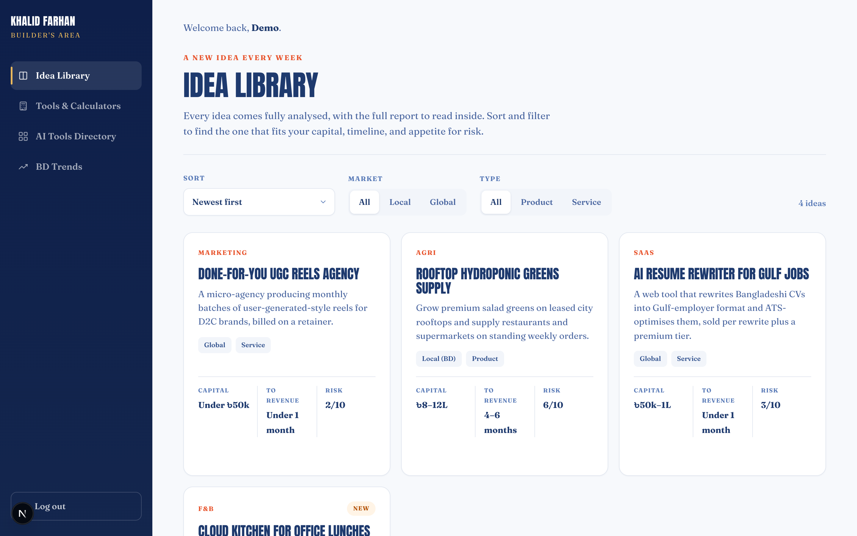 The idea library — sort and filter by capital, time to revenue, and risk.